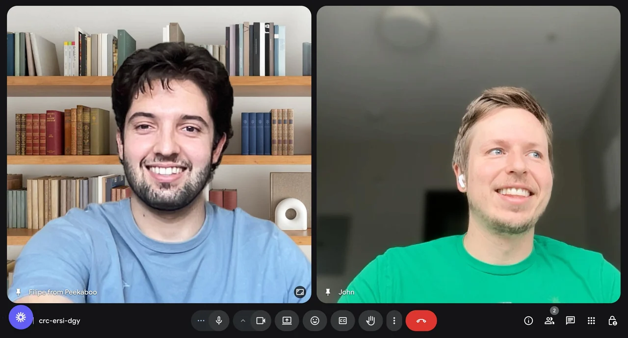Filipe and John on a video call on AI Peekaboo launch day