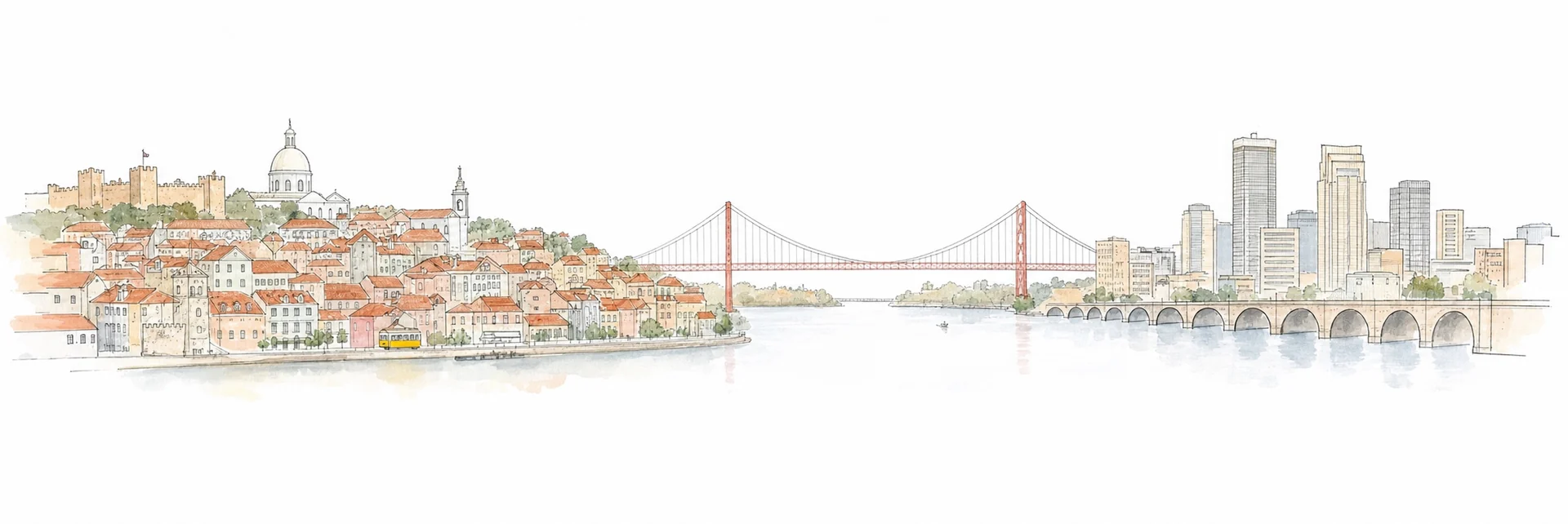 Watercolor panorama connecting Lisbon and Minnesota